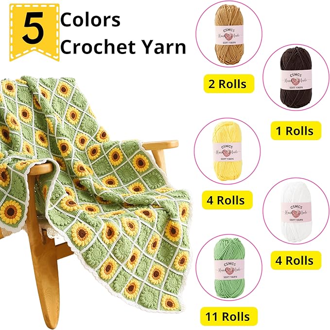 CSWCS Crochet Blanket Kit for Beginners, Sunflower Granny Square Crochet Blanket Kit for Adults, Easy Learn How to Knitting with Yarn Accessories Book & Video Tutorials for Starter (39" x 31")
