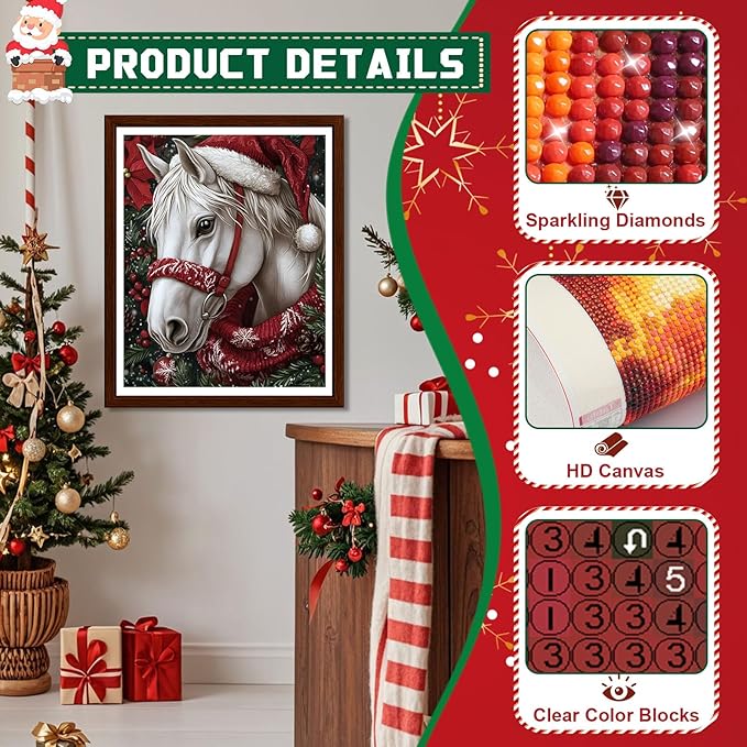 EMIEAUFG Christmas Diamond Art Kits for Adults, Christmas Horse Diamond Paiting Kit for Beginners, 5D DIY Round Full Drill Craft Diamond Dot Gem Art, Home Wall Decor 12" x 16"