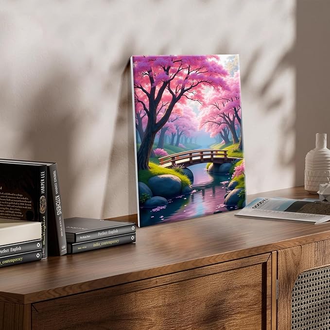 JOOZ Paint by Numbers Kit for Adults with Frame Cherry Blossom Adult Paint by Number Kits Framed Canvas Bridge Paint by Number with Easel DIY Oil Painting by Number for Gift Home Wall Decor 8x12 Inch