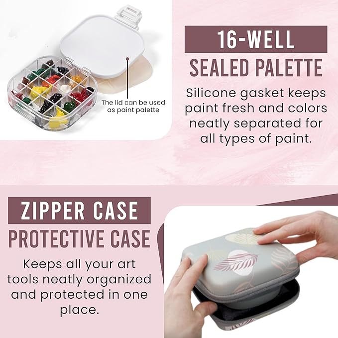 Airtight Watercolor Palette with Lid - Set of 5 Paint Brush Holder Cup with Paint Palette | Acrylic Paint Palette | Paint Brush Cleaner Cup | Painting Accessories | Painting Palette Gifts for Artists