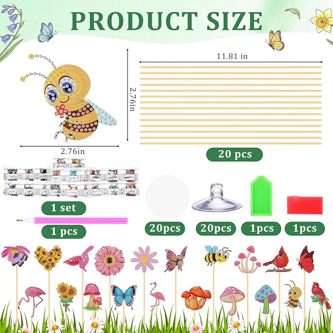 Sliner 20 Pcs Diamond Art Kits for Adults for Garden Decor with Butterfly, Hummingbird, Flowers, Bee, Mushrooms, Diamond Art Kit with Stakes Dot Ornaments Kits for Outdoor Yard Decoration Crafts