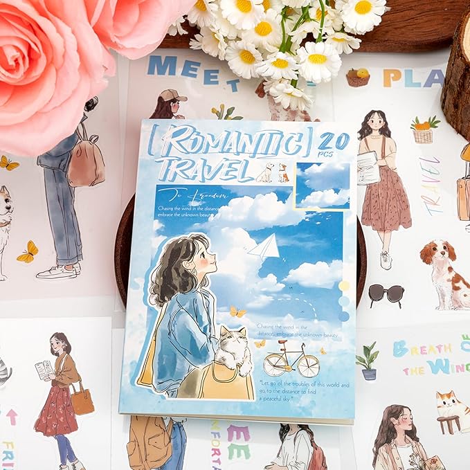Romantic Getaway Sticker Scrapbooking Supplies for Junk Journal, 20 Sheets PET Stickers - Vintage Journaling Stickers, Ephemera Sticker Book Pre Cut(TZ-009-005)