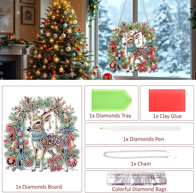 SENQAO Deer Diamond Art Hanging Kits for Adults Kids, Christmas Diamond Art Suncatchers, 5D Special Shape Diamond Painting Pendant Window Ornament Gifts for Home Garden Door Wall Decor