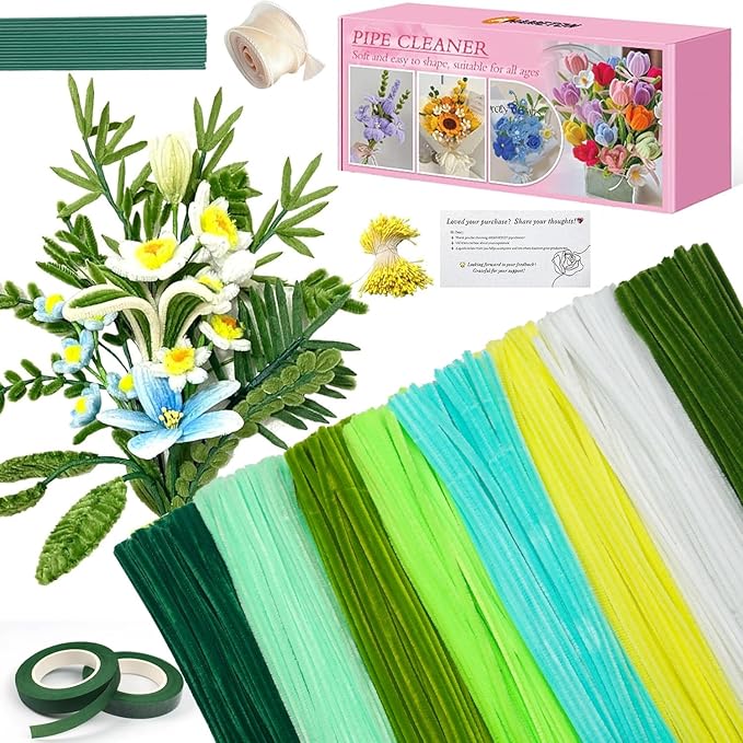 985-Piece Jumbo Size Premium Muti-Color Pipe Cleaner Craft Kit with Floral Supplies - Chenille Stems, Flower Wires, Stamens & Video Tutorial for Wedding Decorations (Green White Set, Jumbo Craft Set)