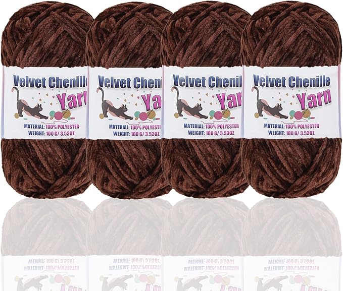 4 * 100g Fluffy Velvet Chenille Yarn for Crocheting and Knitting, Handcrafts Weaving Soft Chenille Yarn for Crocheting Clearance, Used for Making Baby Yarn Blanket, Clothes, DIY Craft (Coffee Brown)
