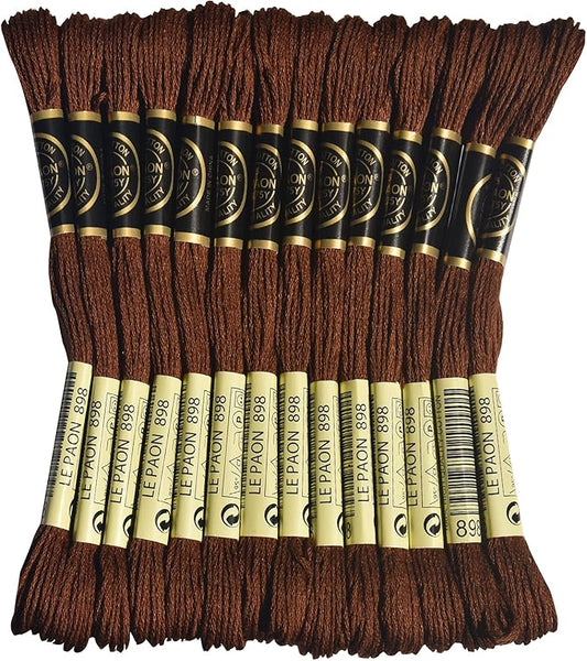LE PAON Embroidery Floss, 14-Pack Six Strands 100% Long Staple Cotton Embroidery Thread, 8.7-Yard，Color Number：898,Very Dark Coffee Brown