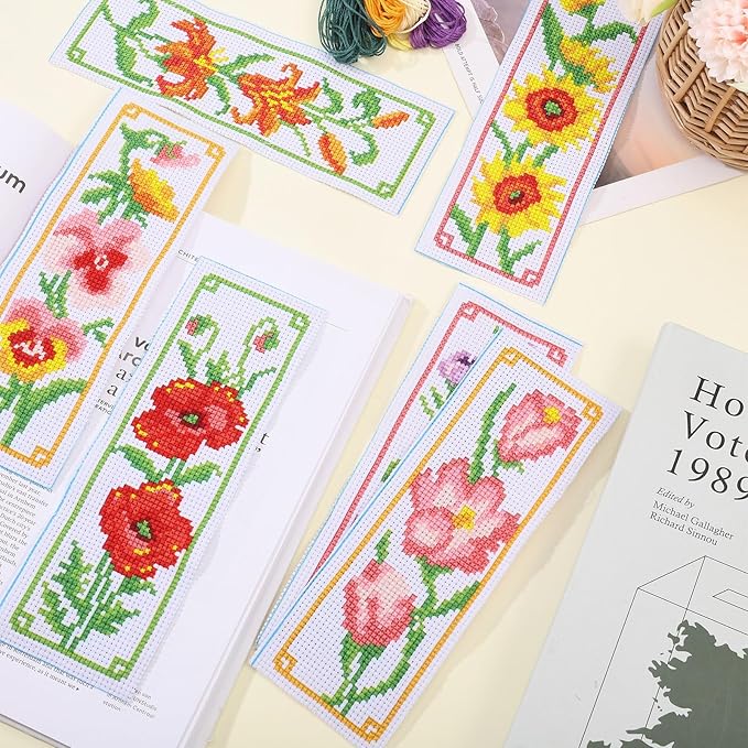 ORIGACH 6 Set Flowers Cross Stitch Bookmark Kit for Beginner with Backing Felt Floss Instructions DIY Stamped Embroidery Bookmark Kit for Adults, Book Lovers