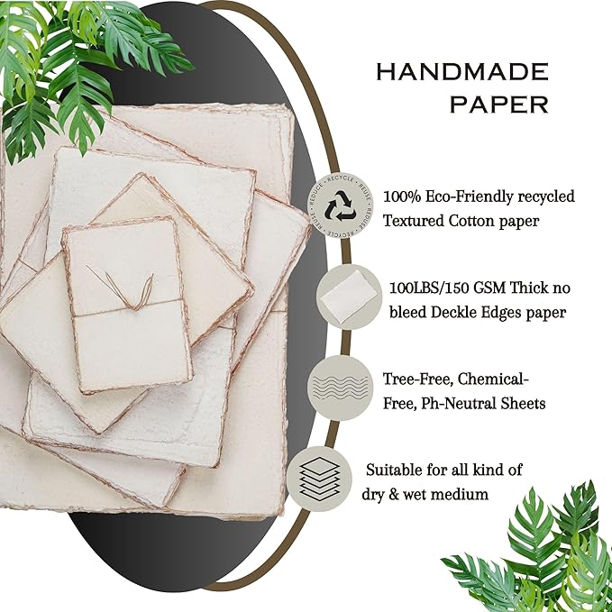 LEATHER VILLAGE Watercolor Paper- 7.5 X 11 inches - 20 Sheets Watercolor Paper for Drawing, Sketching, Wedding Cards & Crafts - 150 GSM Thick Deckle Edge Virgin Cotton Handmade Paper - Vintage