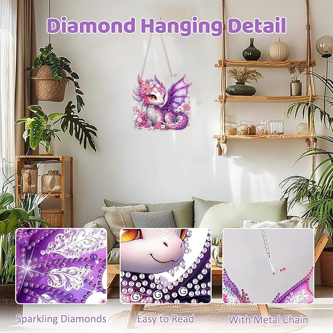 MEIYUDA Dragon Diamond Art Hanging Kits for Adult, Flowers Dragon Diamond Painting Hanging Kits Ornaments, DIY Special Shaped Rhinestone Window Pendants Kit for Home Garden Wall Decor Gift
