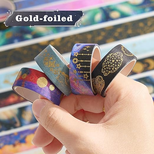 Gold Foil Washi Tape Set 30 Rolls,Celestial Decorative Masking Tape for Junk Journal, Journaling & Scrapbook Supplies, DIY Crafting Supplies