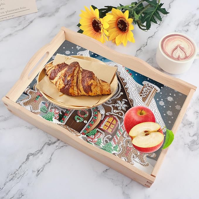 Christmas DIY Diamond Art Tray with Handle Special Shaped Diamond Art Plate Creative Design Handmade Wooden Tray Mosaic Making Kits by Number Kits DIY Crafts Gift for Xmas Organizer (Christmas House)