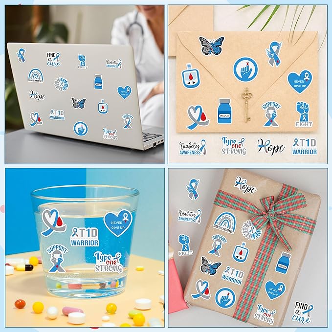 beyumi diabetes awareness ribbon stickers - 1000pcs blue gray ribbon diabetes awareness roll stickers in 2 rolls inspirational waterproof vinyl decals for school event campaign laptop bottle decor kid
