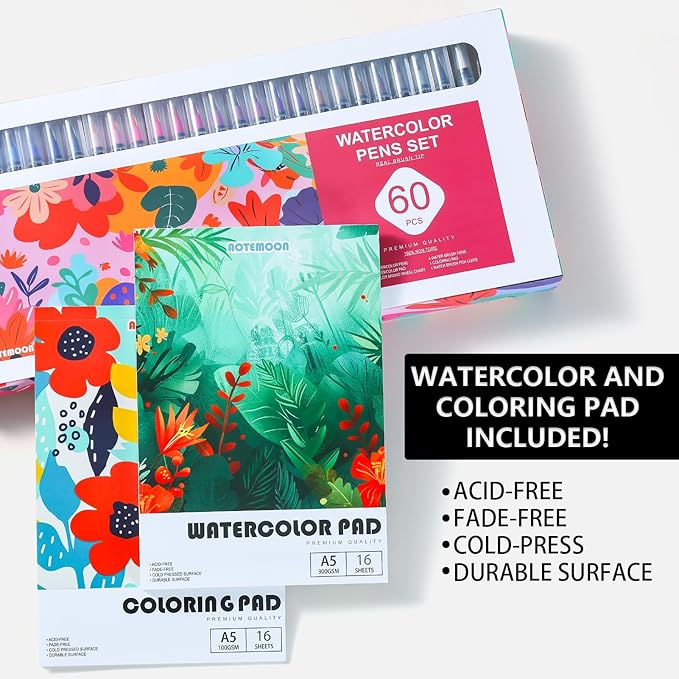 60 Watercolor Pens Set Includes 52 Vivid Colors, Real Brush Tips Paint Markers Set with 4 Blender Pens, Watercolor Pad and Coloring Pad, Art Supplies Gifts for Beginners Young Artists and Adults
