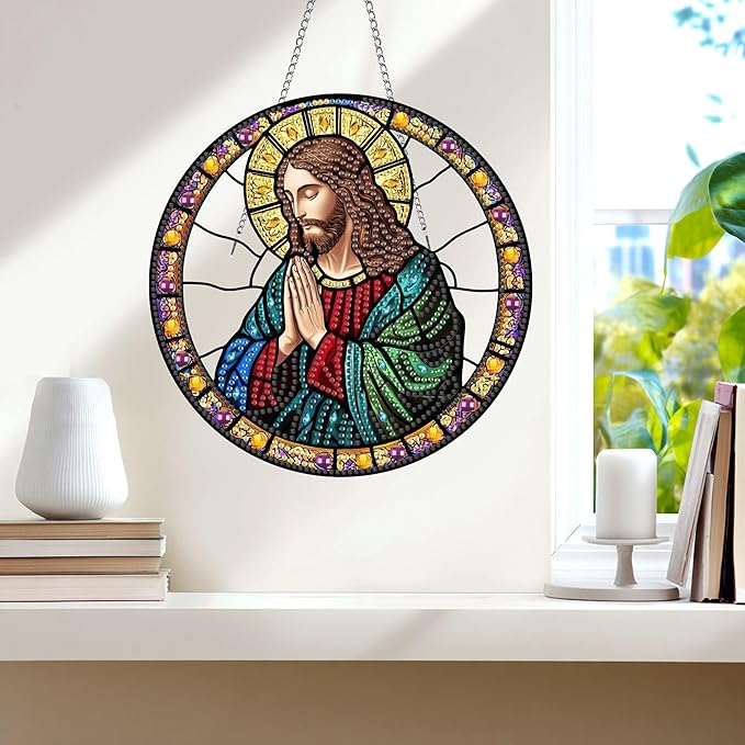 Wergund 5D DIY Jesus Diamond Art Hanging Kits, Hanging Diamond Art Religion, Acrylic Special Shaped Rhinestone, Window Hanging Pendants for Home Wall Garden Front Door Outdoor Decor Gift(Jesus)