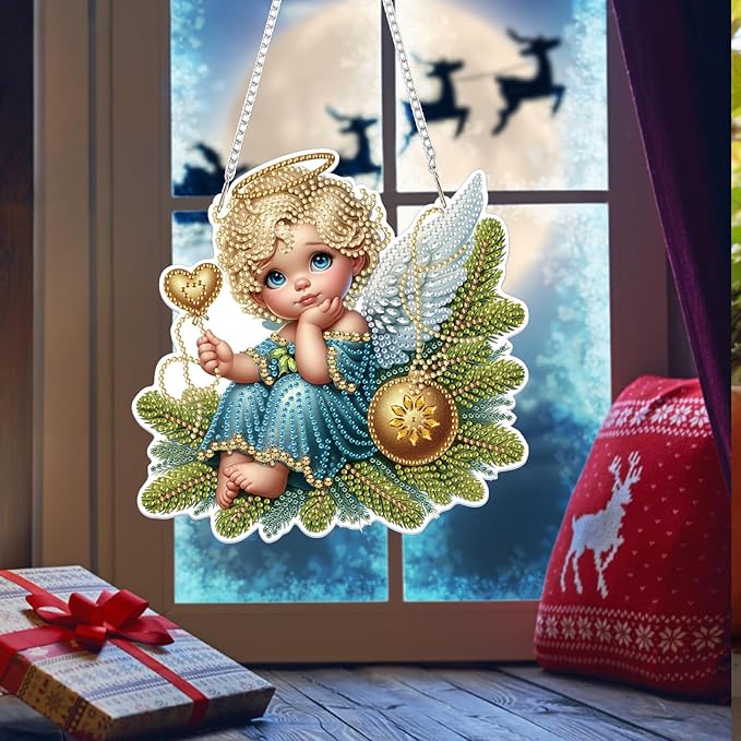 Bowetile Christmas Diamond Art Hanging Kits for Adults, Diamond Art Suncatchers Angel, 5D Special Shape Diamond Painting Pendant Window Ornament Christmas Gifts for Home Door Wall Decor