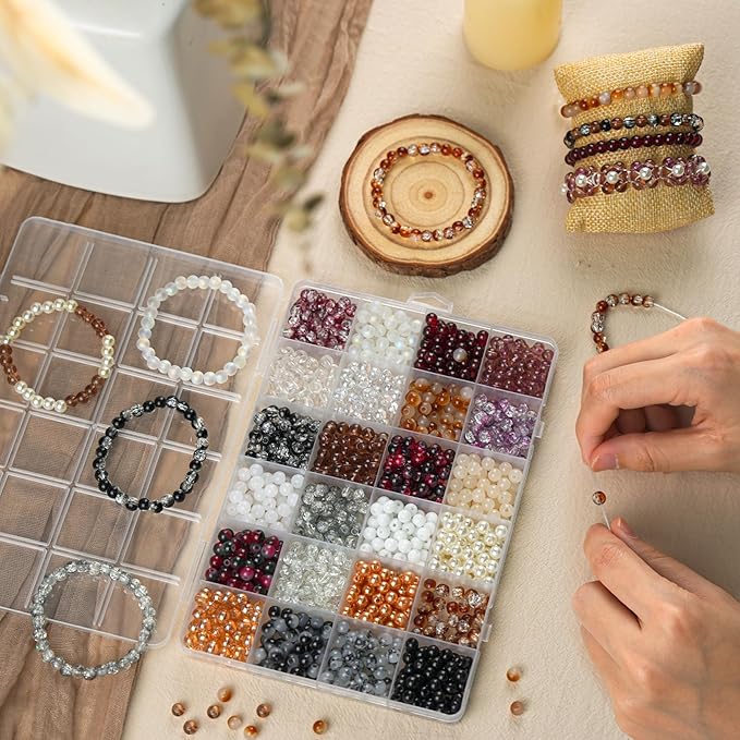 1200PCS 6mm Glass Beads Bracelet Making Kit, 24 Colors Assorted Black and White Gray Series Crystal Beads for Bracelet and Jewelry Making, Round Bracelets Beads for Friendship Bracelets DIY Crafts