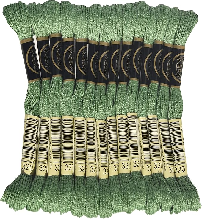 LE PAON Embroidery Floss, 14-Pack Six Strands 100% Long Staple Cotton Embroidery Thread, 8.7-Yard，Color Number：320, Medium Pistachio Green