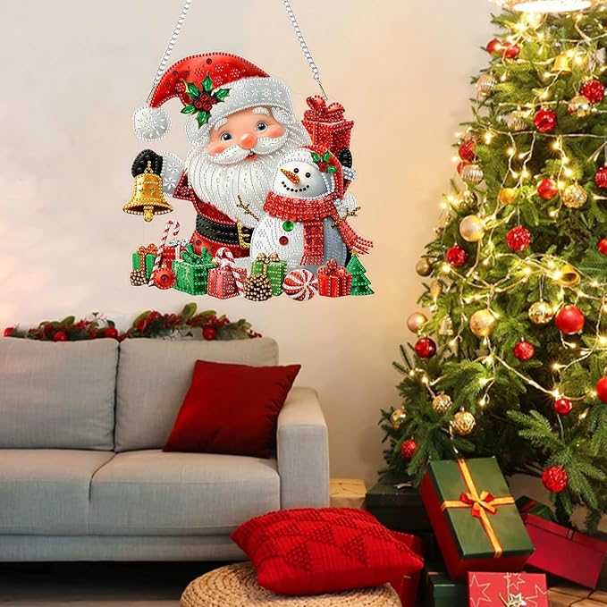 CEOVR Christmas Hanging Diamond Painting, Santa Claus Snowman Special Shape Diamond Art for Adults, Christmas Winter DIY Gem Art, Acrylic Home Garden Decor with Chain, Box Kit 9.37x9.3In