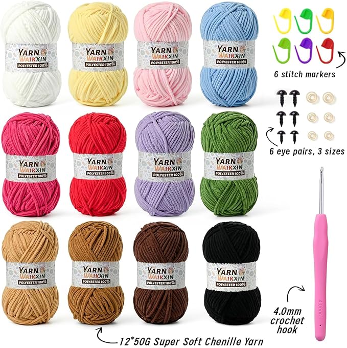 12 Pack Fluffy Chunky Chenille Yarn for Crocheting, Baby Yarn for Crocheting Soft Blanket, 600g (787yds) Bulky Yarn Set for Crochet Amigurumi & DIY Crafts C