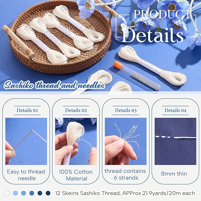 Zeyune 12 Skeins White Sashiko Thread Kit 100% Cotton with Sashiko Needles 20m(21.8yds) Thread for Hand Quilting and Embroidery Projects Pick Stitching Denim
