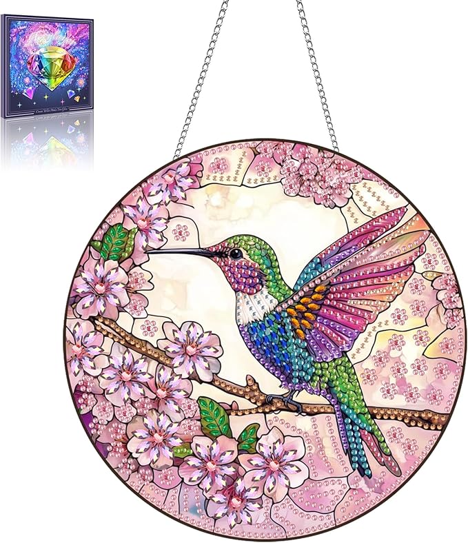 Wergund Hummingbird Diamond Art Hanging Kits, Hanging Diamond Art Animal, Acrylic Special Shaped Rhinestone, Window Hanging Pendants for Home Wall Garden Front Door Outdoor Decor Gift(Hummingbird)