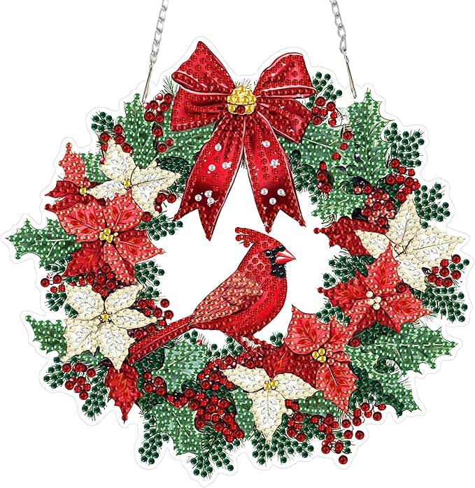 MEIYUDA Christmas Diamond Art Hanging Kits for Adult, Cardinal Wreath Diamond Painting Hanging Kits Ornaments, DIY Special Shaped Rhinestone Window Pendants Kit for Home Garden Wall Decor