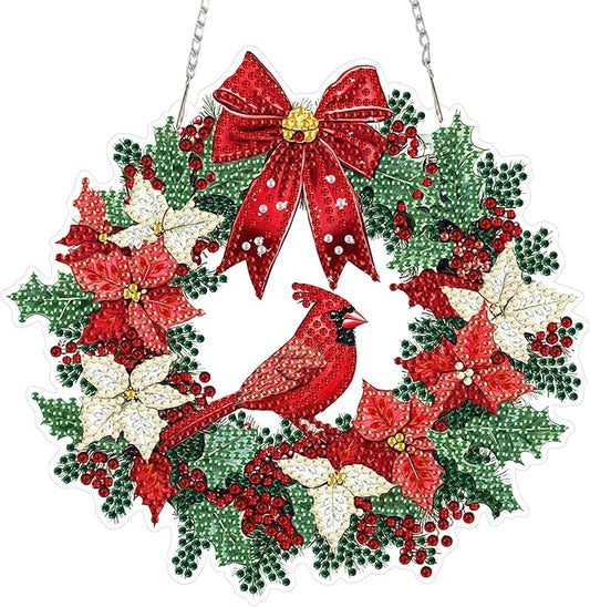 MEIYUDA Christmas Diamond Art Hanging Kits for Adult, Cardinal Wreath Diamond Painting Hanging Kits Ornaments, DIY Special Shaped Rhinestone Window Pendants Kit for Home Garden Wall Decor