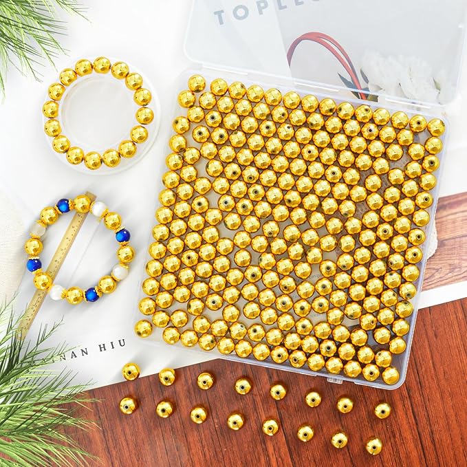 Laopottbeads 230 Pcs Gold 12MM Beads for Jewelry Making Round Beads DIY Kit for Bracelets, Earrings, Necklaces & Anklets