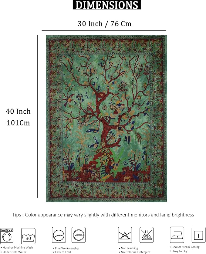 the art box tapestry green tree of life wall hanging – indian cotton small size bedspread, picnic sheet, wall decor, blanket, wall art for bedroom (30x40 inch)