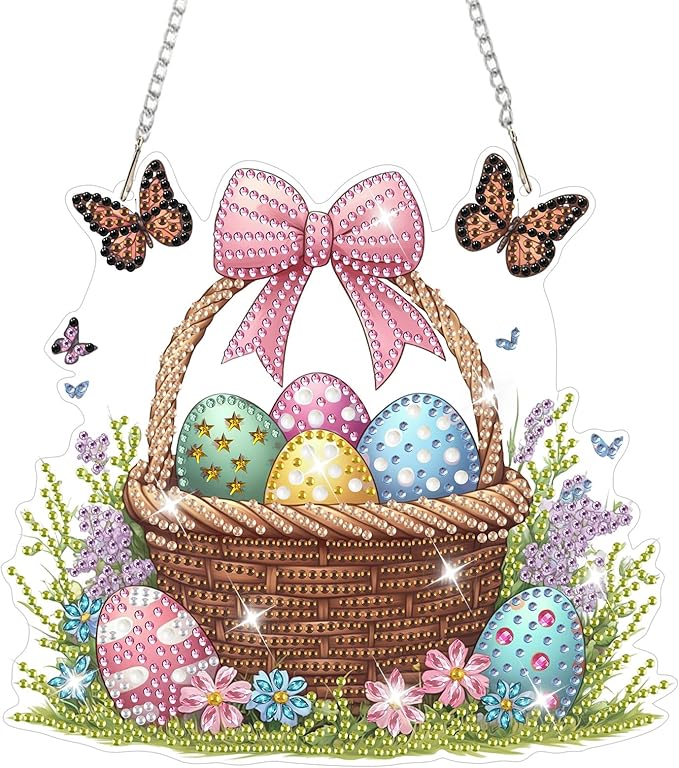 NAIMOER Easter Egg Basket Diamond Art Hanging Kits for Adults, 5D Special Shaped Rhinestone, DIY Acrylic Spring Diamond Art Painting Window Pendants Home Garden Wall Hanging Ornament Kits