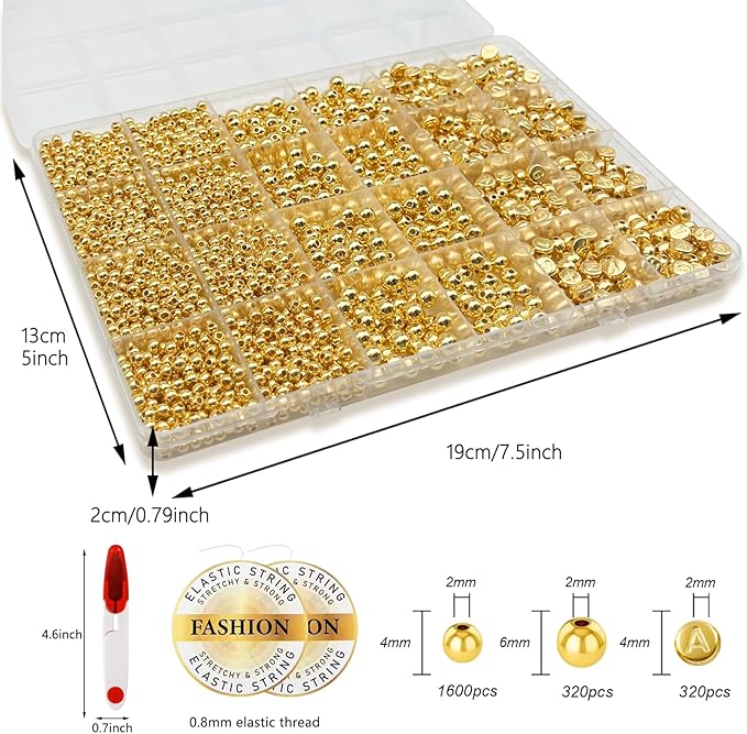 Hpebl 2240PCS Smooth Round Gold Beads for Bracelet Making Kits 4MM/6MM Jewelry Making Supplies Gold Letter Beads for Jewelry Making Kit with 2PCS Crystal String 1PCS Scissors
