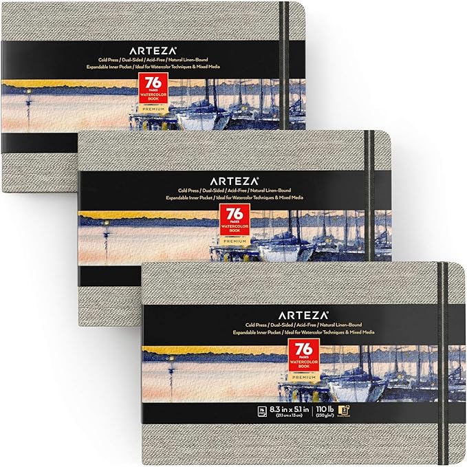ARTEZA Watercolor Books, Pack of 3, 8.3 x 5.1 Inches, 76 Pages Each, 110 lb / 230 GSM, Cold Press, Dual-Sided, Acid-Free Linen-Bound Hardcover Books for Watercolor and Mixed Media