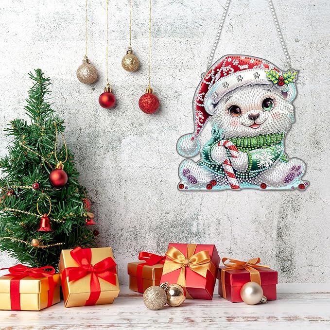 DOMROM Bear Diamond Art Hanging Kits for Adults Beginners, Christmas Special Shaped Crystal Diamond Painting Bear Pendant, DIY Diamond Art Suncatchers Animals for Home Garden Wall Decor Gift