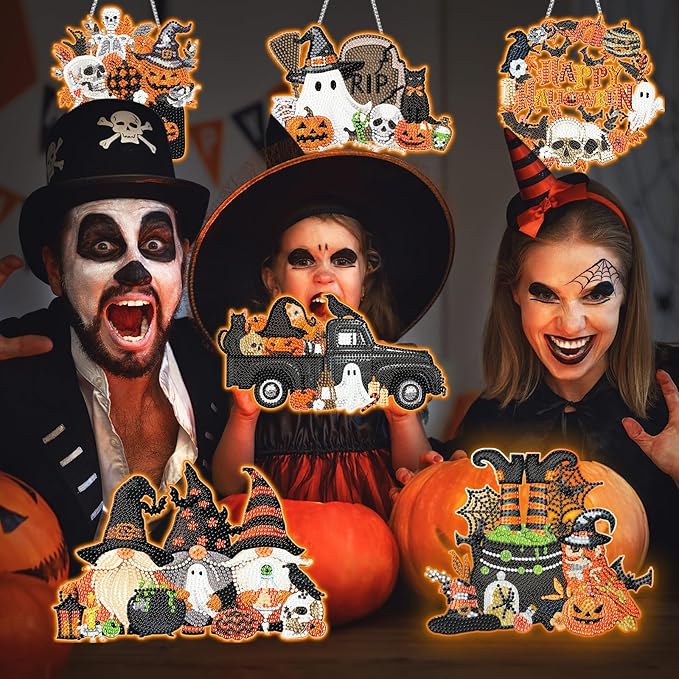 6 Pcs Halloween Diamond Art Painting Kits Hanging Sign Set Witch Pumpkin Gnome Glow in The Dark Diamond Art Painting Kits Halloween Hanger Adult 5d DIY Craft for Wall Door Window Porch Decor