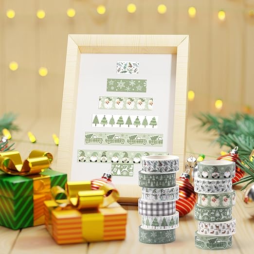 Sage Green Washi Tape - 12 Rolls Christmas Sage Design, Acid Free Residue Free Adhesive Easy Tear DIY Art Crafts for Christmas Gift Wrapping, Scrapbook, Journal Decor, Holiday Projects