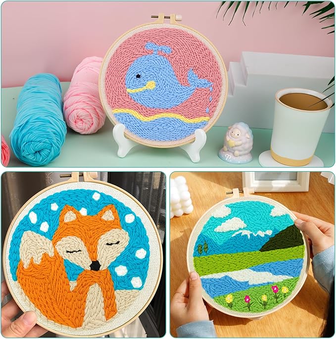 Zuaooz 3 Sets Punch Needle Kits,Whale Fox and Snow Punch Embroidery Kits for Adults Beginner, Tool with Punch Needle Fabric, Hoops, Yarns and Sewing Needles