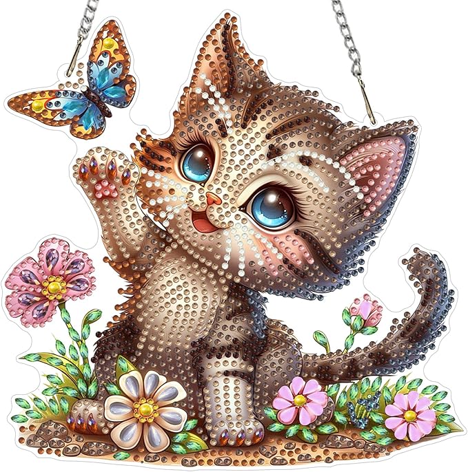 MXJSUA Butterfly Kitten Diamond Art Hanging Kits for Adults Beginners, DIY Acrylic Special Shaped Crystal Diamond Gem Drills Pendant Art Painting Ornament for Home Wall Decor Gift