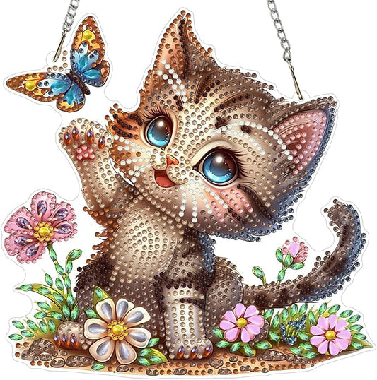 MXJSUA Butterfly Kitten Diamond Art Hanging Kits for Adults Beginners, DIY Acrylic Special Shaped Crystal Diamond Gem Drills Pendant Art Painting Ornament for Home Wall Decor Gift