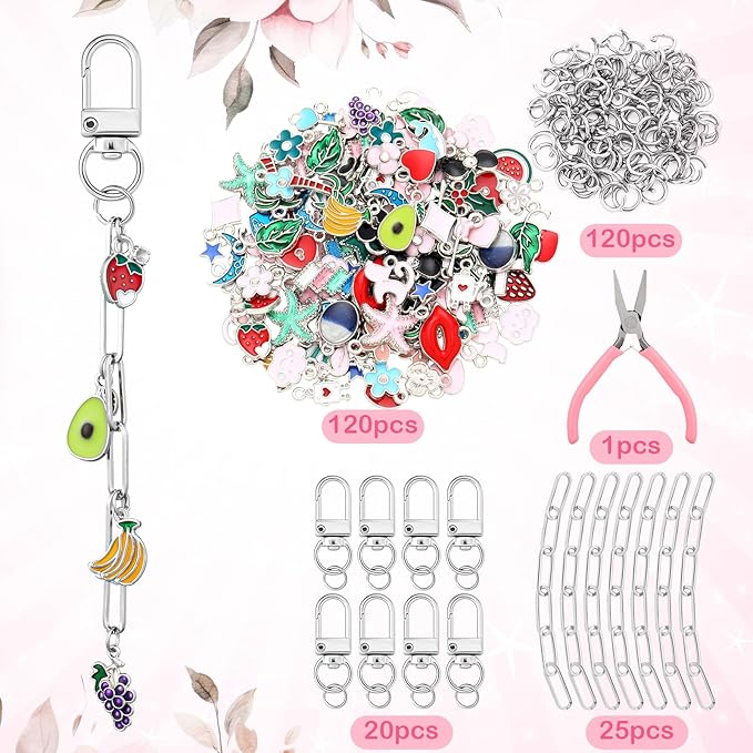 Tondiamo 286 Pcs Silver Keychain Making Kit Bulk Bag Charm Kit 120 Charms 20 Keychain Clips with Key Ring Swivel Snap Hook Lobster Claw Clasps 120 Jump Ring 25 Extender Chain Jewelry Plier DIY Craft