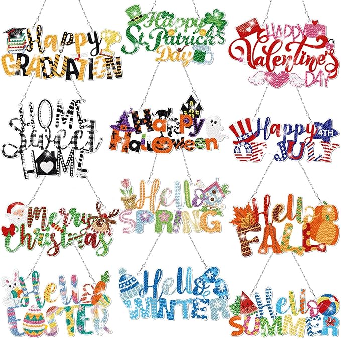 Cinnvoice 12 Pcs Seasonal Diamond Art Wreath Kits Holiday 5d DIY Diamond Art Hanging Signs Winter Spring Ornaments for Wall Door Decoration(Seasonal)