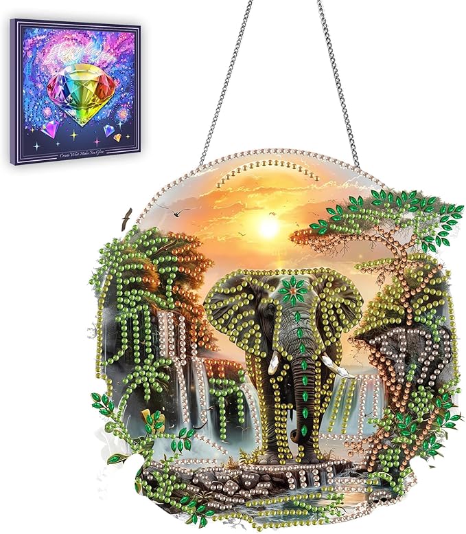 Ginfonr Diamond Painting Kits Hanging Pendant, Elephant Diamond Art Kits for Adults, Special Shaped Rhinestone Animals Diamond Art, Double Sided Home Hanging Kits for Garden Wall Window (8 x 8inch)