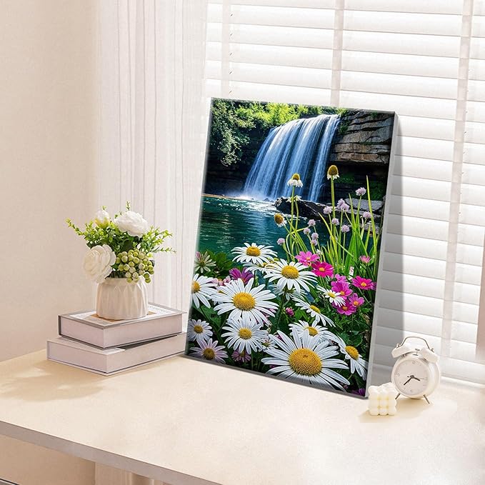 ATDMS Paint by Numbers Kit for Adults with Frame, Landscape Paint by Number with Easel, DIY Flowers Adult Paint by Number Kits on Canvas, Waterfall Oil Painting Kits for Home Wall Decor 8x12 Inch