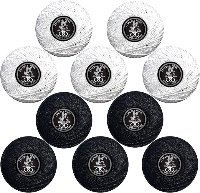Colored BIRDCrochet Thread, Size 8 Crochet Yarn，2 Ply Cotton Yarn, 10 Balls (White&Black)
