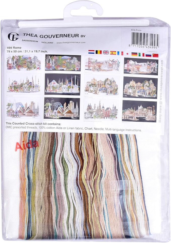 Thea Gouverneur - Counted Cross Stitch Kit - Rome Italy - Aida - 18 Count - Embroidery Kit for Adults - DMC Embroidery Threads and Other Cross Stitch Supplies Included - 499A