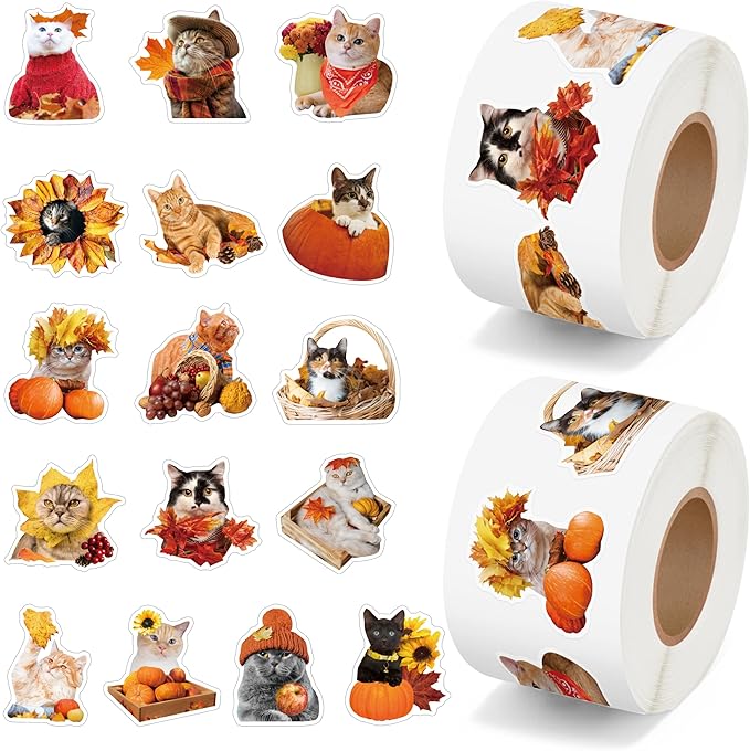 h1vojoxo autumn thanksgiving sticker rolls - 1000pcs fall cat dress up stickers in 2 rolls 16 designs autumn thanksgiving self-adhesive sticker for kids craft envelope cat lover holiday party supplies