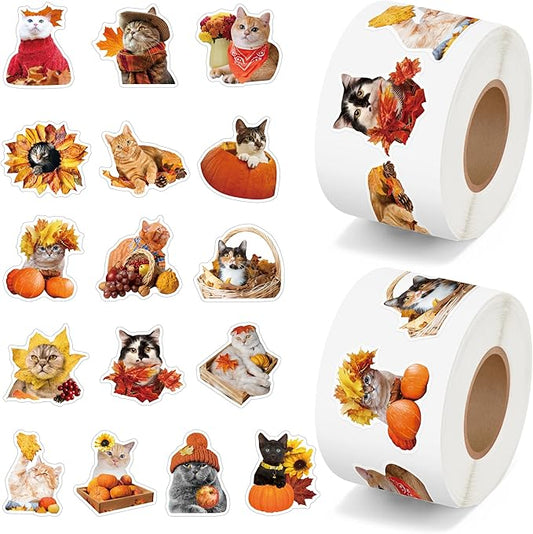 h1vojoxo autumn thanksgiving sticker rolls - 1000pcs fall cat dress up stickers in 2 rolls 16 designs autumn thanksgiving self-adhesive sticker for kids craft envelope cat lover holiday party supplies