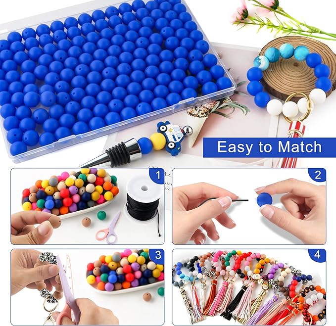 150Pcs 15mm Silicone Beads for Keychain Making Bracelet Necklace, Bulk Round Silicone Beads for Pens（Royal Blue）