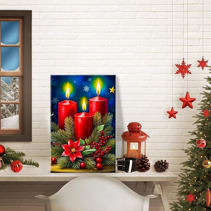 JOOZ Paint by Numbers Kit for Adults Framed Christmas Paint by Number with Easel Christmas Candles Adult Paint by Number Kits Framed Canvas DIY Oil Painting Kits for Home Wall Decor 8x12 Inch