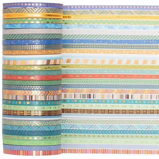 YUBBAEX 60 Rolls Skinny Washi Tape Set Gold Foil Masking Thin Basic Patterns Decorative Tapes for Arts, DIY Crafts, Journals, Planners, Scrapbook, Wrapping