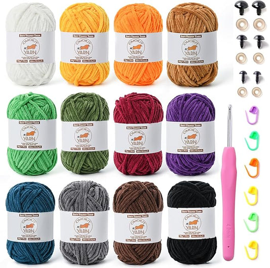 12 Pack Fluffy Velvet Yarn for Crocheting, Chunky Chenille Baby Yarn for Crocheting Soft Blanket, 787 yds Amigurumi Yarns for Knitting, Bulky Multicolored Crochet Yarns Set C